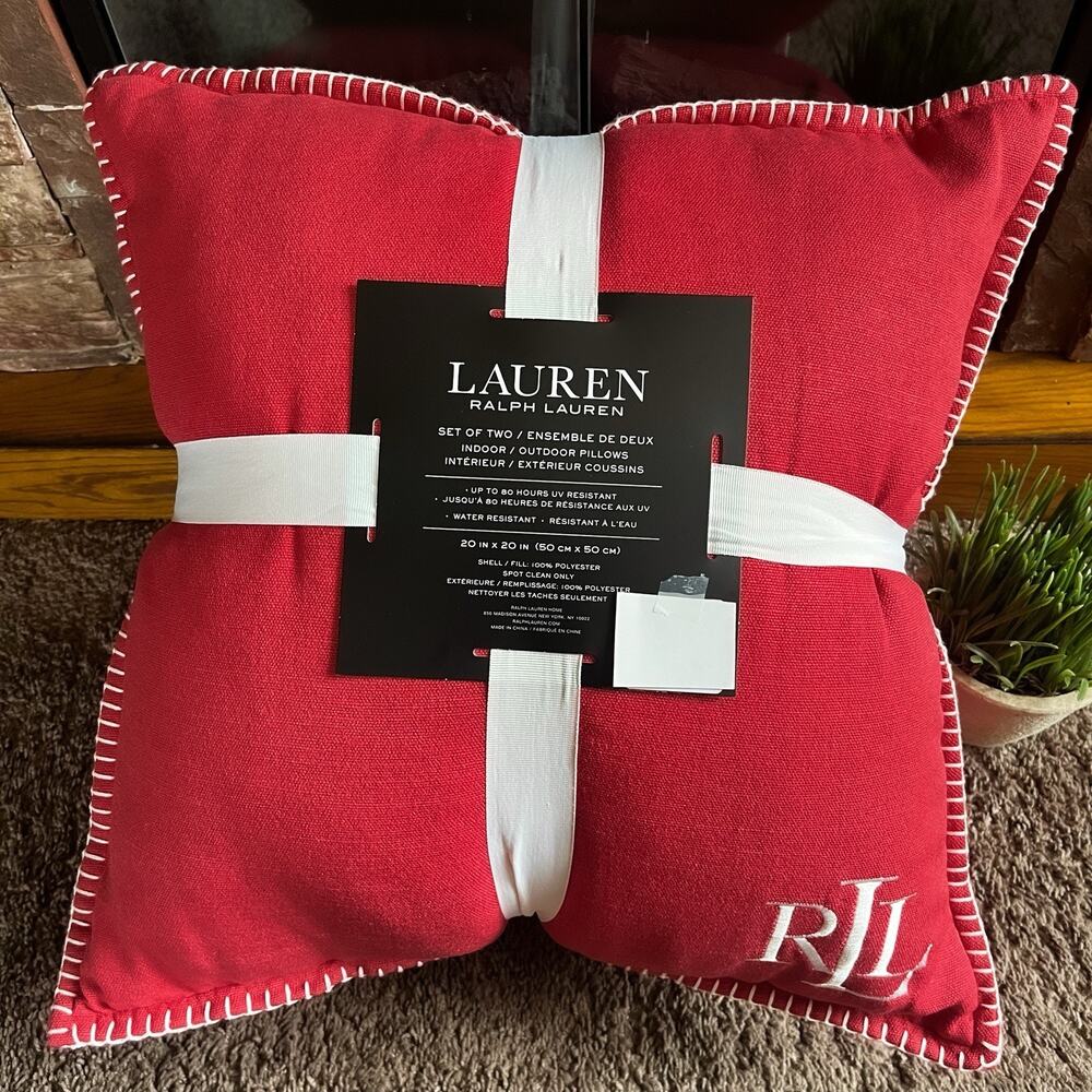 NEW Ralph Lauren Monogram Indoor Outdoor Accent Pillows Set of 2 - Red White